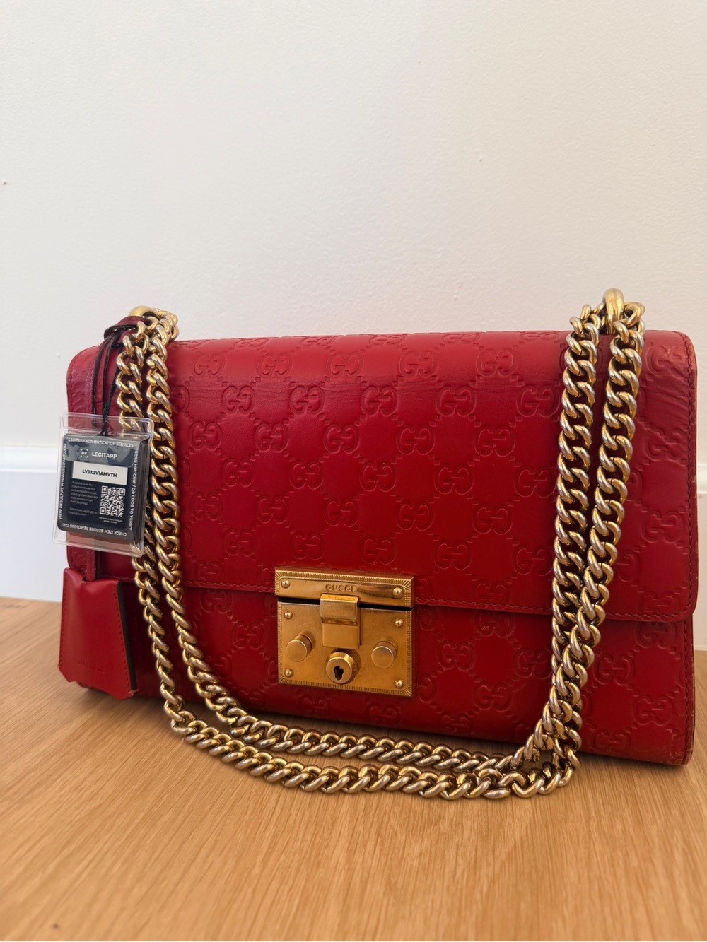 GUCCI ✨ RED LEATHER LARGE PADLOCK CHAIN SHOULDER BAG - Picture 1 of 16